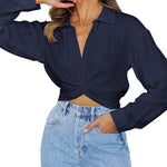 Zeagoo Women's V Neck Twist Hem Blouse Long Sleeve Crop Top Casual Button Shirts
