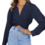 Zeagoo Women's V Neck Twist Hem Blouse Long Sleeve Crop Top Casual Button Shirts