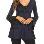 Nadorine Women's Sexy V-Neck Pleated Front Long Bell Sleeve Blouse Tops