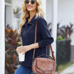 Womens Quilted Sweatshirts Quarter Zip Pullovers Lightweight Long Sleeve Stand Collar Tops with Kangaroo Pocket - Nadorine (Us Only)