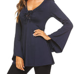 Nadorine Women's Sexy V-Neck Pleated Front Long Bell Sleeve Blouse Tops