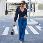 Women Sexy Bodysuits Long Sleeve V Neck Jumpsuits Tops Leotard Shirts - Nadorine (Us Only)
