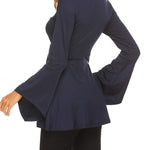 Nadorine Women's Sexy V-Neck Pleated Front Long Bell Sleeve Blouse Tops