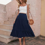 Women's Boho Elastic High Waist Ruffle A Line Swing Beach Long Maxi Skirt with Pockets - Nadorine (Us Only)