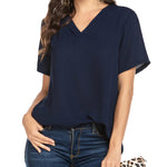 Women's Casual Tunic Summer Short Sleeve Chiffon Top Loose V Neck Dressy Office Work Shirt Blouse - Nadorine (Us Only)