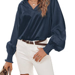 Women's Silk Shirts V Neck Shirred Lantern Sleeve Casual Work Blouse Tunic Tops - Nadorine (Us Only)
