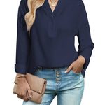 Womens Blouses Dressy Casual Long Sleeve Henley V-Neck Button Up Drop Shoulder Blouse Shirt Tops Relaxed Fit S-XXL - Nadorine (Us Only)