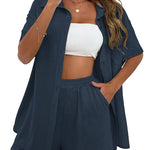 Women's 2 Piece Casual Tracksuit Outfit Sets Cotton Linen Short Sleeve Button Down Shirt and Loose Casual Shorts Set - Nadorine (Us Only)