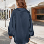 Women's Silk Shirts V Neck Shirred Lantern Sleeve Casual Work Blouse Tunic Tops - Nadorine (Us Only)