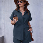 Women's 2 Piece Casual Tracksuit Outfit Sets Cotton Linen Short Sleeve Button Down Shirt and Loose Casual Shorts Set - Nadorine (Us Only)