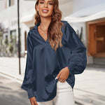 Women's Silk Shirts V Neck Shirred Lantern Sleeve Casual Work Blouse Tunic Tops - Nadorine (Us Only)