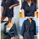 Women's 2 Piece Casual Tracksuit Outfit Sets Cotton Linen Short Sleeve Button Down Shirt and Loose Casual Shorts Set - Nadorine (Us Only)