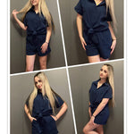 Women's 2 Piece Casual Tracksuit Outfit Sets Cotton Linen Short Sleeve Button Down Shirt and Loose Casual Shorts Set - Nadorine (Us Only)