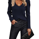 Nadorine V Neck Sweaters Casual Puff Sleeve Pullover Sweater