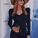Nadorine V Neck Sweaters Casual Puff Sleeve Pullover Sweater