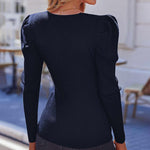 Nadorine V Neck Sweaters Casual Puff Sleeve Pullover Sweater