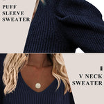 Nadorine V Neck Sweaters Casual Puff Sleeve Pullover Sweater