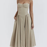 Spaghetti Strap A-line Midi Dress Sleeveless Low-Cut Corset Cami Dresses with Pockets