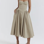 Spaghetti Strap A-line Midi Dress Sleeveless Low-Cut Corset Cami Dresses with Pockets