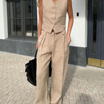 Classic V-neck Pleated Cotton and Linen Wide-leg Pants Suit