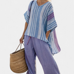Carlotta | Elegant lavender and sky blue top with linen trousers