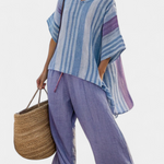 Carlotta | Elegant lavender and sky blue top with linen trousers
