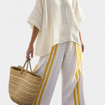 Anselor | Elegant Yellow Striped Linen Top & Wide-Leg Pants
