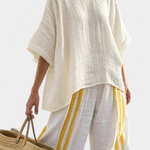 Anselor | Elegant Yellow Striped Linen Top & Wide-Leg Pants