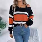 ALTHEIRA��� - Casual Striped Asymmetrical Neck Long Sleeve Sweater