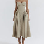 Spaghetti Strap A-line Midi Dress Sleeveless Low-Cut Corset Cami Dresses with Pockets