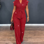 Women's Glitter Textured 2 Piece Outfits V Neck Twist Cap Sleeve Slit Top and High Waist Straight Leg Pants Set