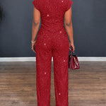 Women's Glitter Textured 2 Piece Outfits V Neck Twist Cap Sleeve Slit Top and High Waist Straight Leg Pants Set