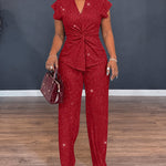Women's Glitter Textured 2 Piece Outfits V Neck Twist Cap Sleeve Slit Top and High Waist Straight Leg Pants Set