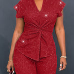 Women's Glitter Textured 2 Piece Outfits V Neck Twist Cap Sleeve Slit Top and High Waist Straight Leg Pants Set