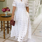 Women's Sheer Plaid Maxi Dress Short Sleeve Double Layer Swing Vacation Dress Elegant Flowy A Line Dress with Belt