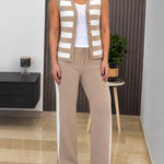 Women's 2 Piece Knit Outfits Striped V Neck Sleeveless Top and Side Stripe Straight Leg Pants Set Casual Loungewear
