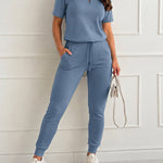 Women's 2-Piece Sporty Set Short Sleeve Half Zip Top and High Waisted Joggers Casual Lounge Outfit with Pockets
