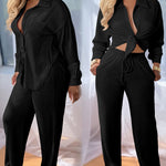 2 Pieces Outfit Turn-down Collar Button Front Pocket Design Asymmetrical Hem Top and Drawstring Elastic Waist Wide Leg Pants Set Casual Textured Set