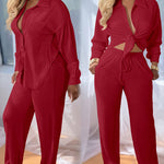 2 Pieces Outfit Turn-down Collar Button Front Pocket Design Asymmetrical Hem Top and Drawstring Elastic Waist Wide Leg Pants Set Casual Textured Set