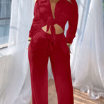 2 Pieces Outfit Turn-down Collar Button Front Pocket Design Asymmetrical Hem Top and Drawstring Elastic Waist Wide Leg Pants Set Casual Textured Set