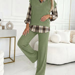 Vintage Plaid Print Spliced Turn-down Collar Long Sleeve Faux Two-Piece Top and Elastic Waist Pants Set Casual Ribbed Brushed Commuting Set