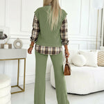Vintage Plaid Print Spliced Turn-down Collar Long Sleeve Faux Two-Piece Top and Elastic Waist Pants Set Casual Ribbed Brushed Commuting Set