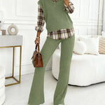 Vintage Plaid Print Spliced Turn-down Collar Long Sleeve Faux Two-Piece Top and Elastic Waist Pants Set Casual Ribbed Brushed Commuting Set