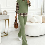 Vintage Plaid Print Spliced Turn-down Collar Long Sleeve Faux Two-Piece Top and Elastic Waist Pants Set Casual Ribbed Brushed Commuting Set