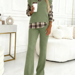 Vintage Plaid Print Spliced Turn-down Collar Long Sleeve Faux Two-Piece Top and Elastic Waist Pants Set Casual Ribbed Brushed Commuting Set