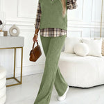 Vintage Plaid Print Spliced Turn-down Collar Long Sleeve Faux Two-Piece Top and Elastic Waist Pants Set Casual Ribbed Brushed Commuting Set