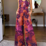 Women's Tie Dye Print Mesh Jumpsuit V Neck Shirred Waist Wide Leg Overalls Backless Sleeveless Jumpsuit with Pockets