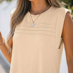 Women's Sleeveless Loose Straight Dress Crew Neck Pleated Front Mini Dress with Pockets