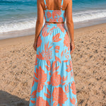 Floral Print Square Neck Adjustable Straps Shirred Back Maxi Dress Casual Cutout Waist Ruffle Hem Vacation Dress