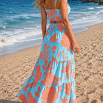 Floral Print Square Neck Adjustable Straps Shirred Back Maxi Dress Casual Cutout Waist Ruffle Hem Vacation Dress